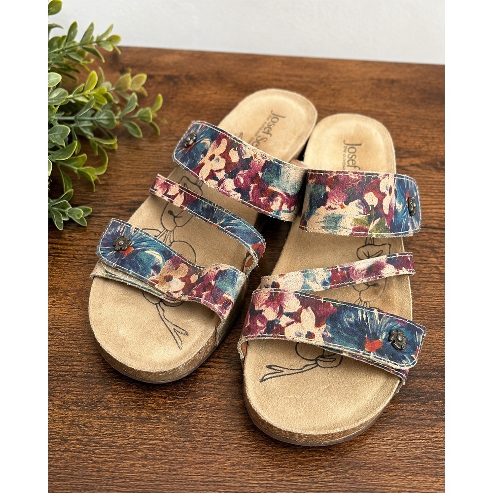 Josef Seibel Tonga 54 Floral Slide Sandals Blue Red Tan Cork Boho Size 38 7 -7.5